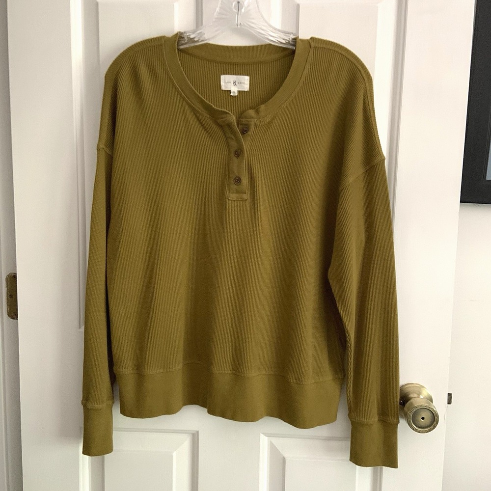 Lou & Grey Waffle Knit Long Sleeve Henley top Boxy Oversized Greenish Women sz S
